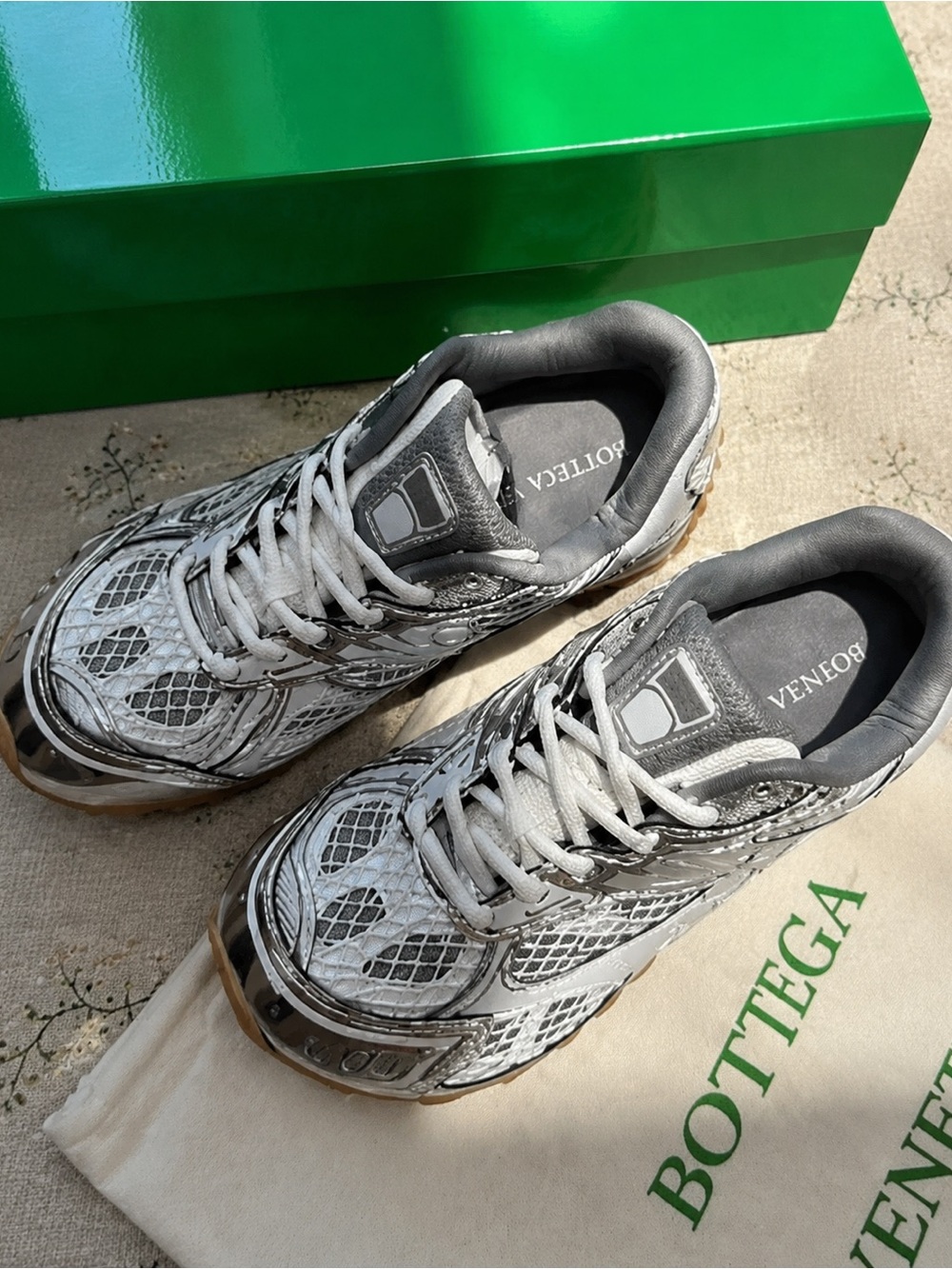 Bottega Veneta White & Gray Mesh Metallic-Accented Sneakers